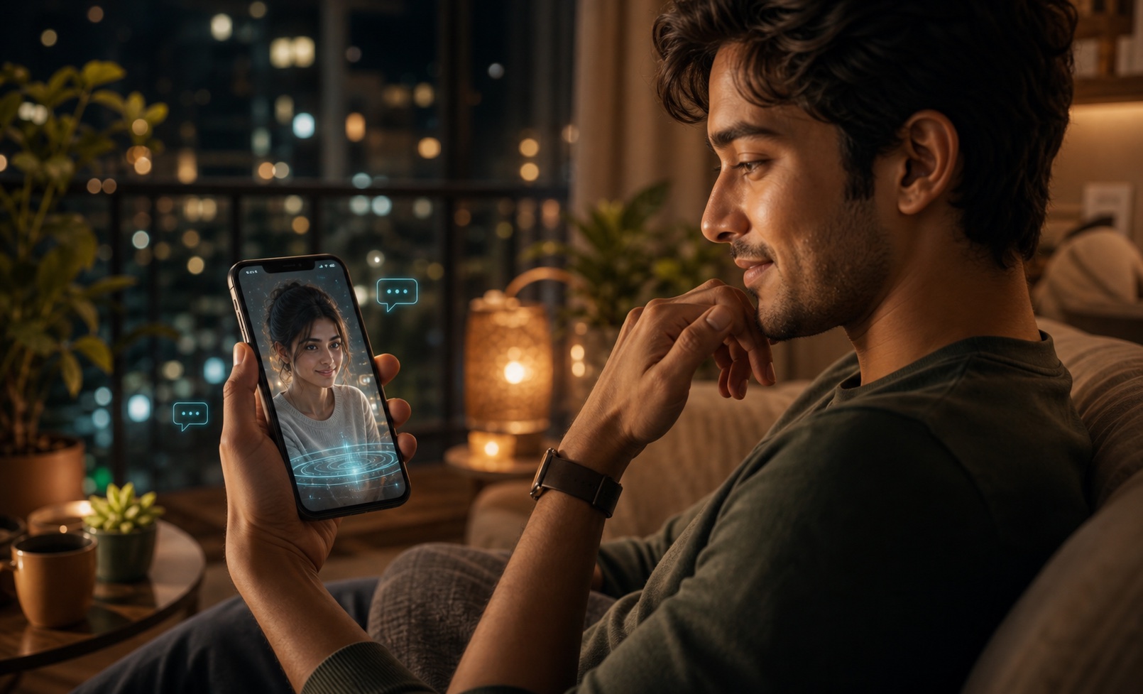 Indian user chatting with a warm AI companion on mobile